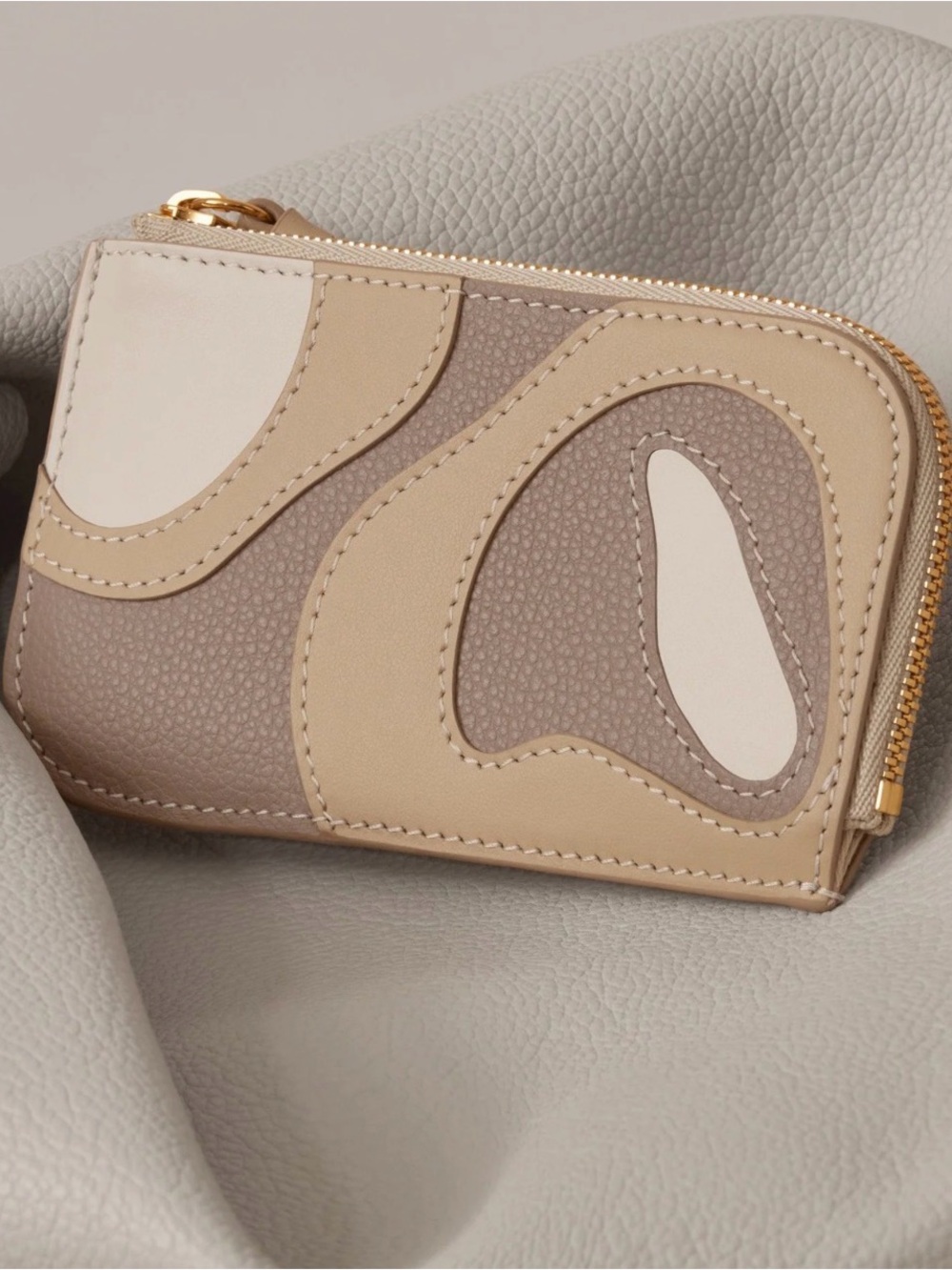 Polène Atla Trio Taupe Leather Zip Card Holder Wallet NIB Made in Spain